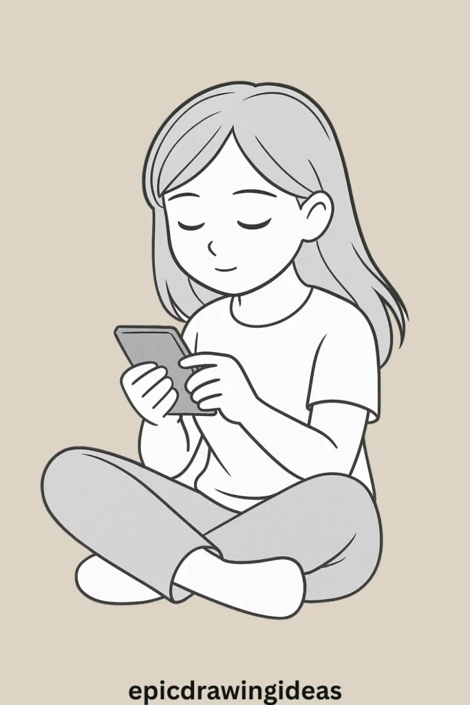 31 Lively Girl Drawing Ideas You’ll Fall in Love With 29 Girl Sitting with a Phone