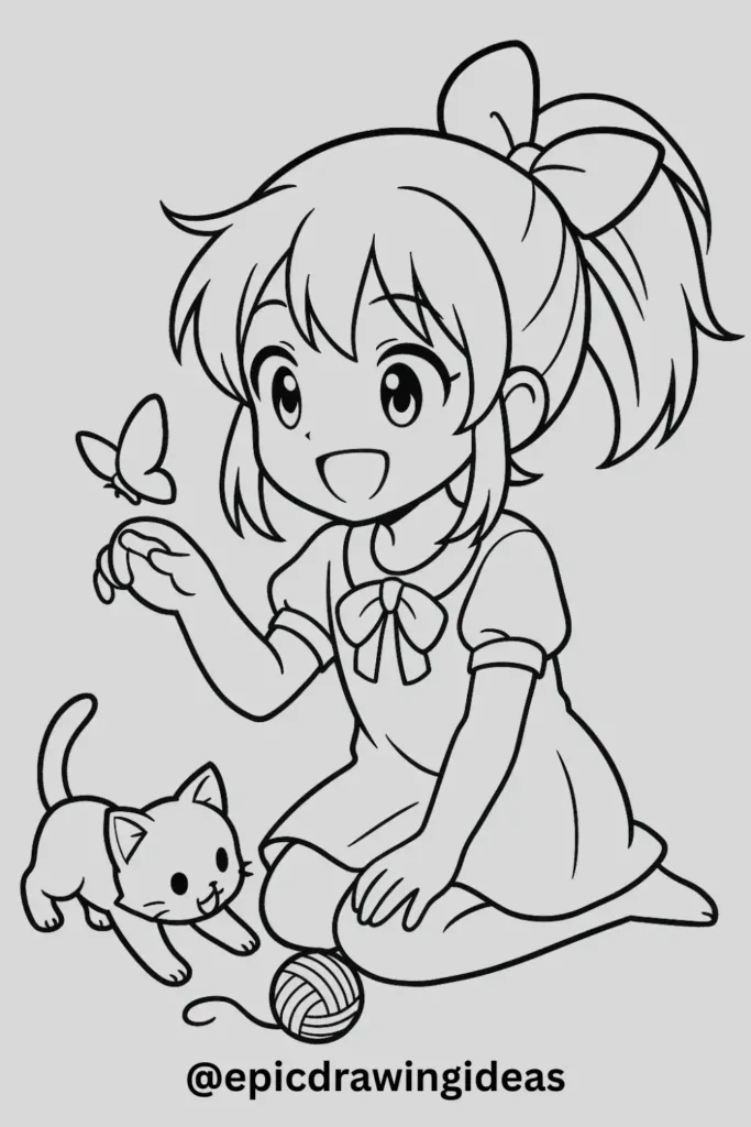 Girl With Kitten Chasing Yarn Ball