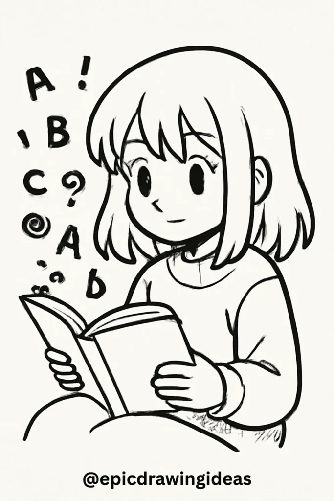 Girl Reading with Floating Letters