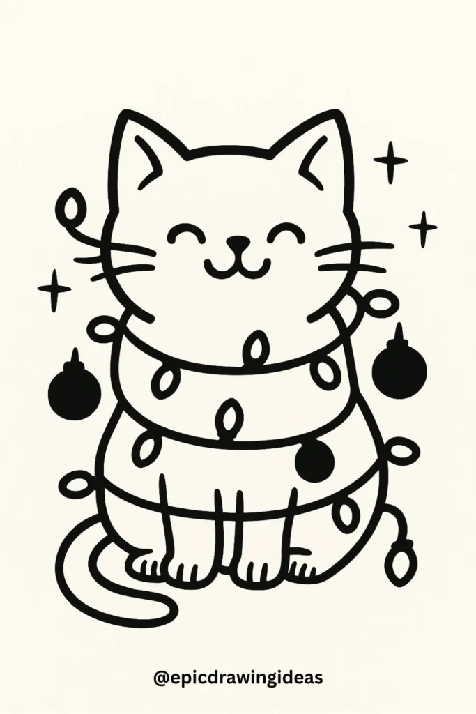40 Easy Christmas Drawing Ideas for the Holiday Season 31 Cat with Christmas Lights Around