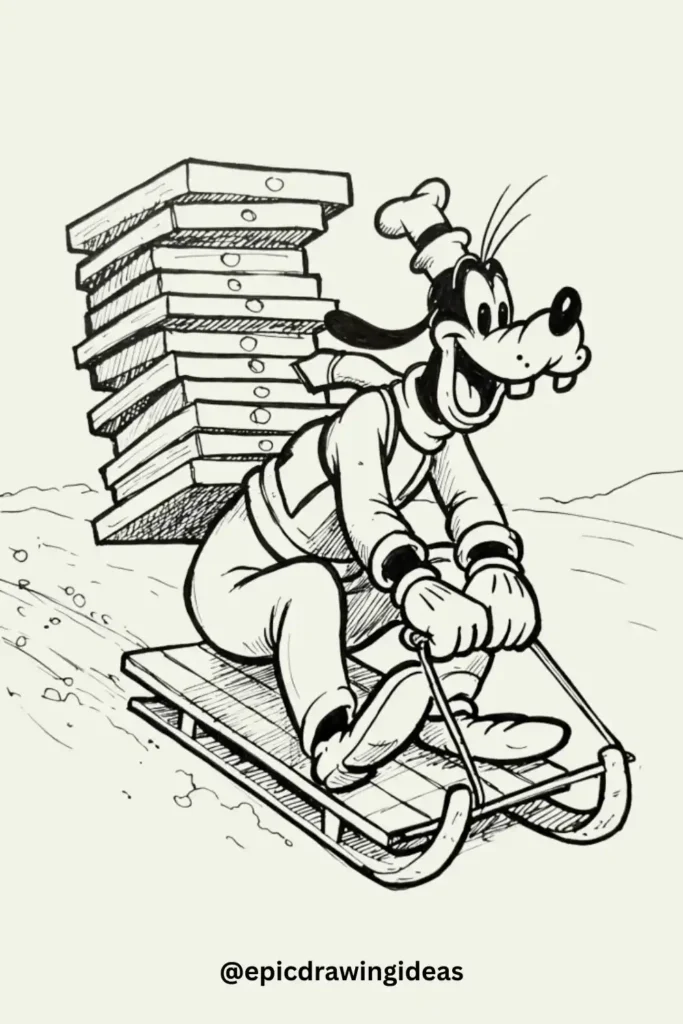 Goofy Delivers Pizza on a Sled