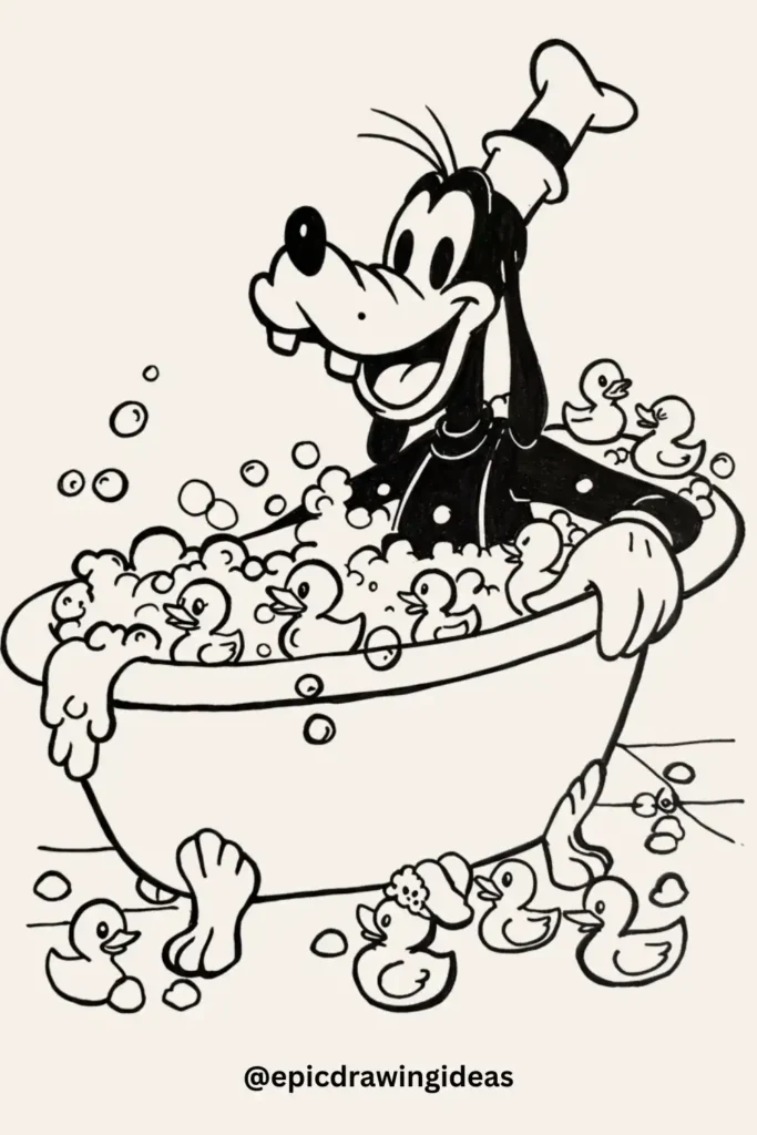 Goofy in a Bubble Bath with Rubber Ducks