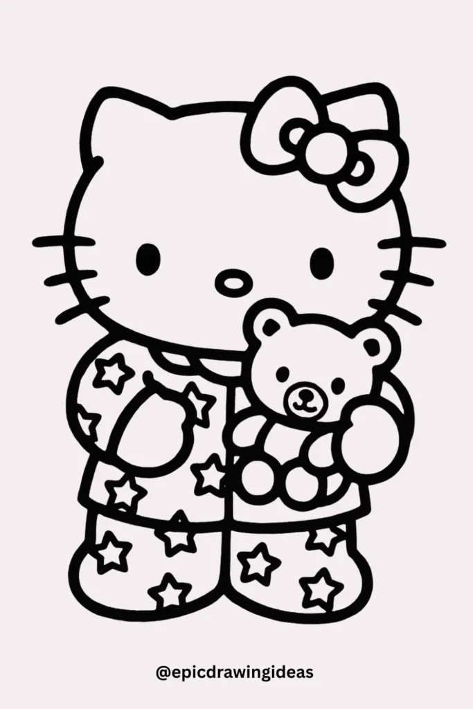 Hello Kitty in Pyjamas Holding a Plushie