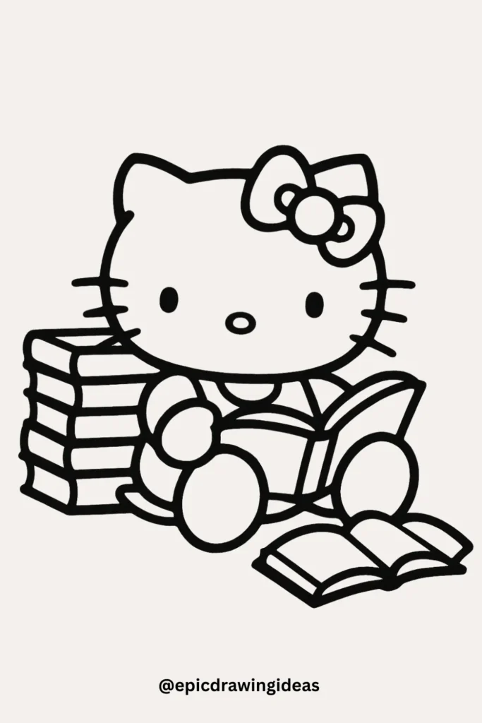 Hello Kitty and a Stack of Books