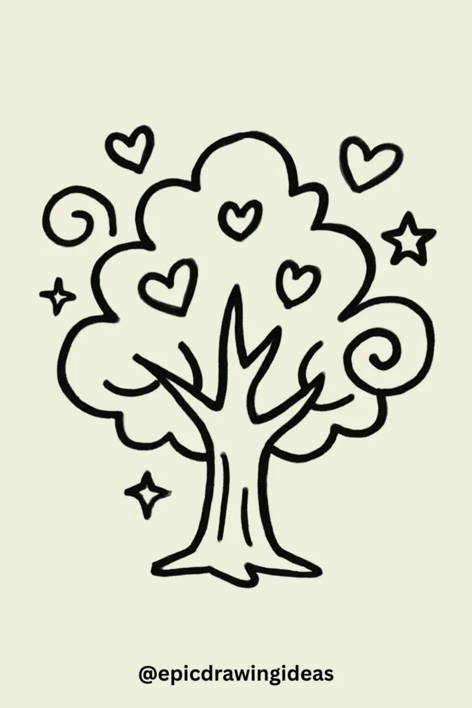 Tree with Floating Hearts and Stars